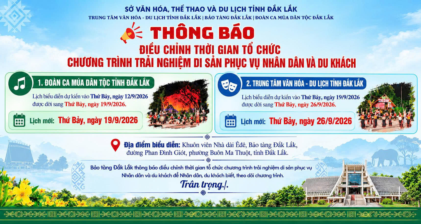 THÔNG BÁO ĐIỀU CHỈNH THỜI GIAN TỔ CHỨC CHƯƠNG TRÌNH TRẢI NGHIỆM DI SẢN PHỤC VỤ NHÂN DÂN VÀ DU KHÁCH